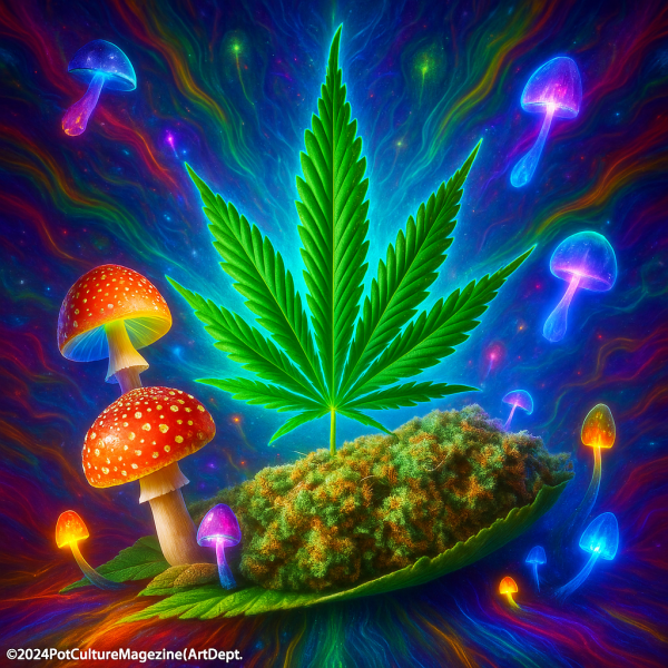 A psychedelic digital artwork featuring a glowing green cannabis leaf rising from a bed of dense cannabis buds. Surrounding the leaf are colorful mushrooms, including bright red Amanita muscaria with white spots and luminous purple and blue mushrooms floating in the background. The cosmic backdrop swirls with vibrant rainbow colors, creating a surreal, dreamlike atmosphere. The bottom corner includes the copyright tag ©2024PotCultureMagazine/ArtDept