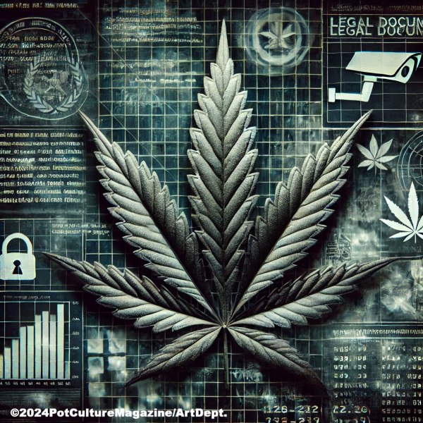 A large metallic cannabis leaf dominates the center of a futuristic digital interface filled with data grids, charts, security camera icons, legal document symbols, and padlocks. The background suggests surveillance and legal oversight of cannabis culture. A copyright notice in the lower left corner reads “©2024PotCultureMagazine/ArtDept.”