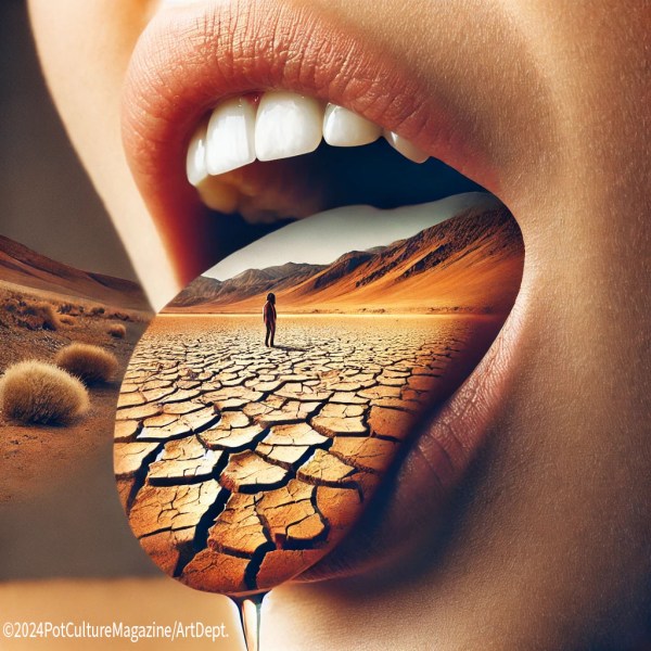 A surreal artwork shows a close-up of an open mouth with white teeth. Emerging from the tongue is a desert landscape with cracked earth, tumbleweeds, and mountains in the background. A lone figure stands in the arid scene, symbolizing extreme dryness. The concept represents "cottonmouth," a common side effect of cannabis use. ©2024 PotCultureMagazine/ArtDept.