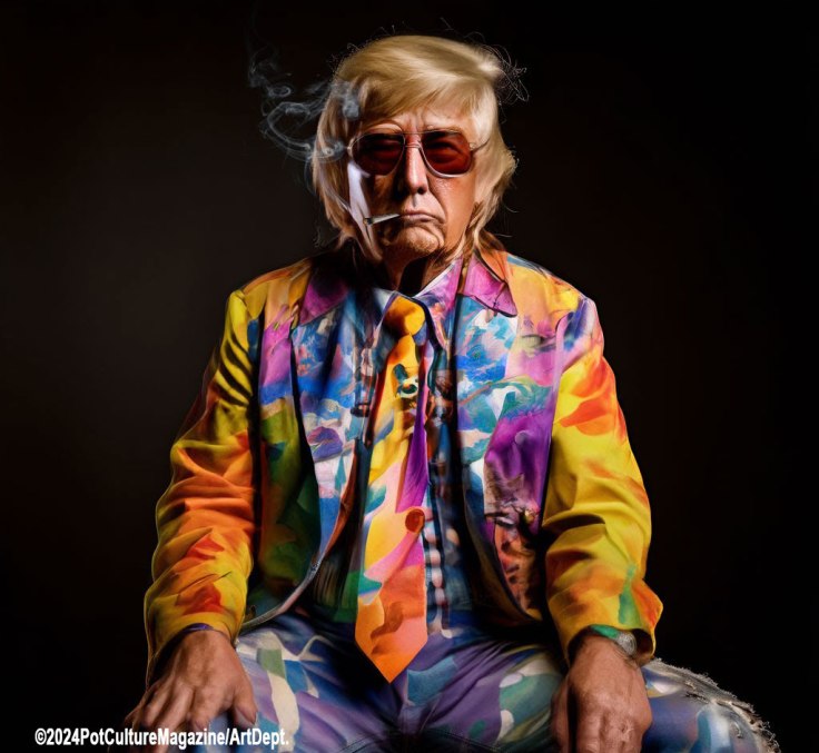 Digital artwork of a man with a cigarette, wearing a brightly colored, psychedelic suit and tie, with long blond hair and sunglasses, sitting against a dark background. Image credit: ©2024 Pot Culture Magazine/ArtDept.