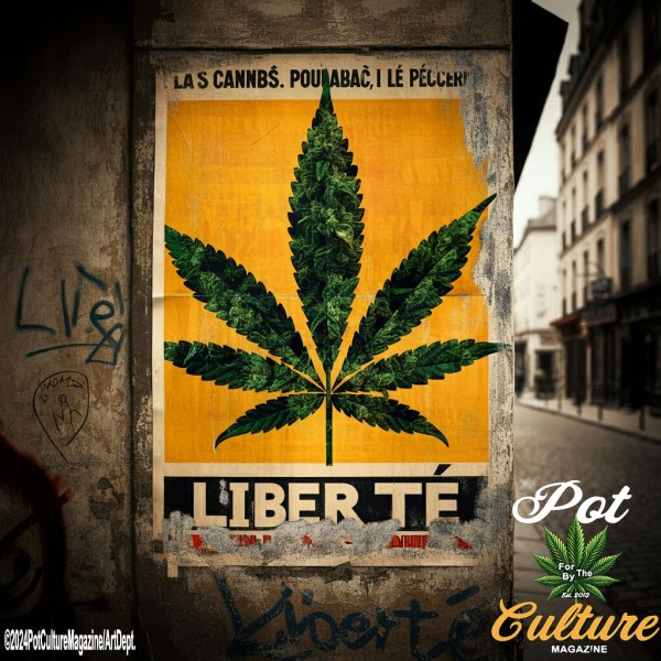 A vintage Parisian street poster shows a large cannabis leaf over a bold yellow background with the word “LIBERTÉ” below it, symbolizing freedom and reform. The surrounding wall is weathered and covered in graffiti, evoking a sense of protest and counterculture. ©2024PotCultureMagazine/ArtDept.