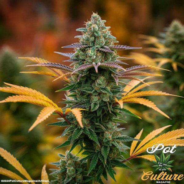 Close-up photo of a mature cannabis plant with purple-tinted buds and vibrant green and yellow leaves, glistening with trichomes under natural light. The background shows more cannabis plants softly blurred. Pot Culture Magazine logo and copyright ©2024PotCultureMagazine/ArtDept appear at the bottom.