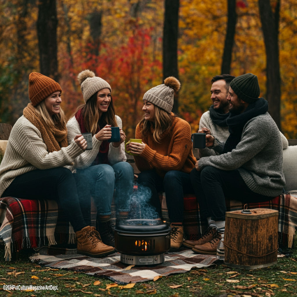 A group of five friends sits outdoors on plaid blankets surrounded by colorful autumn trees. They are bundled up in cozy sweaters, scarves, and knit hats, smiling and holding mugs of warm drinks. A small portable fire pit emits smoke in front of them, creating a warm and inviting fall atmosphere. ©2024 Pot Culture Magazine/ArtDept.
