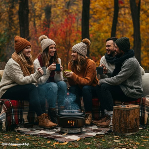 A group of five friends sits outdoors on plaid blankets surrounded by colorful autumn trees. They are bundled up in cozy sweaters, scarves, and knit hats, smiling and holding mugs of warm drinks. A small portable fire pit emits smoke in front of them, creating a warm and inviting fall atmosphere. ©2024 Pot Culture Magazine/ArtDept.