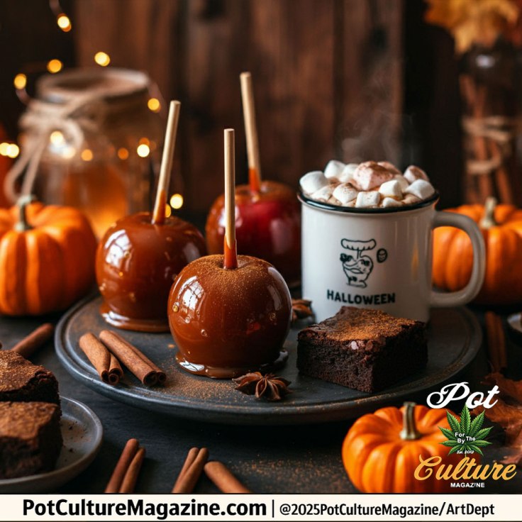 A festive autumn dessert scene featuring caramel apples, brownies, and a steaming mug of hot chocolate topped with marshmallows on a rustic wooden table. The mug reads “Halloween,” and the table is decorated with cinnamon sticks, mini pumpkins, and glowing string lights in the background. The Pot Culture Magazine logo and copyright line are displayed along the bottom edge