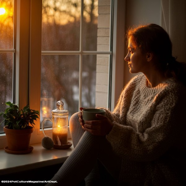 A woman sits by a window at sunset, holding a mug and looking out contemplatively as warm light fills the room. A candle and small potted plant sit on the windowsill beside her, creating a cozy and reflective autumn mood. ©2024PotCultureMagazine/ArtDept.
