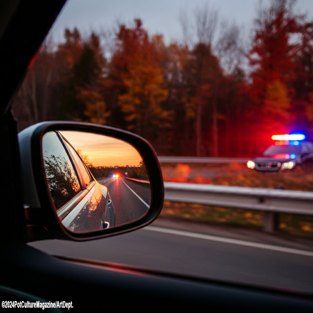 A photo taken from inside a car shows a rearview mirror reflecting flashing police lights as the vehicle drives along a forested highway at sunset. In the background, a police cruiser with red and blue lights is parked on the roadside. The image includes the text “©2024PotCultureMagazine/ArtDept.
