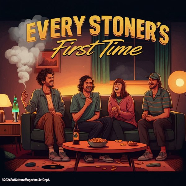 Four friends sit on a couch laughing during a relaxed cannabis hangout, with one person holding a smoking joint, snacks on the coffee table, and a lava lamp glowing nearby. Warm lighting and retro decor create a cozy first-time stoner vibe. “Every Stoner’s First Time” appears in large yellow lettering above them. PotCultureMagazine.com.