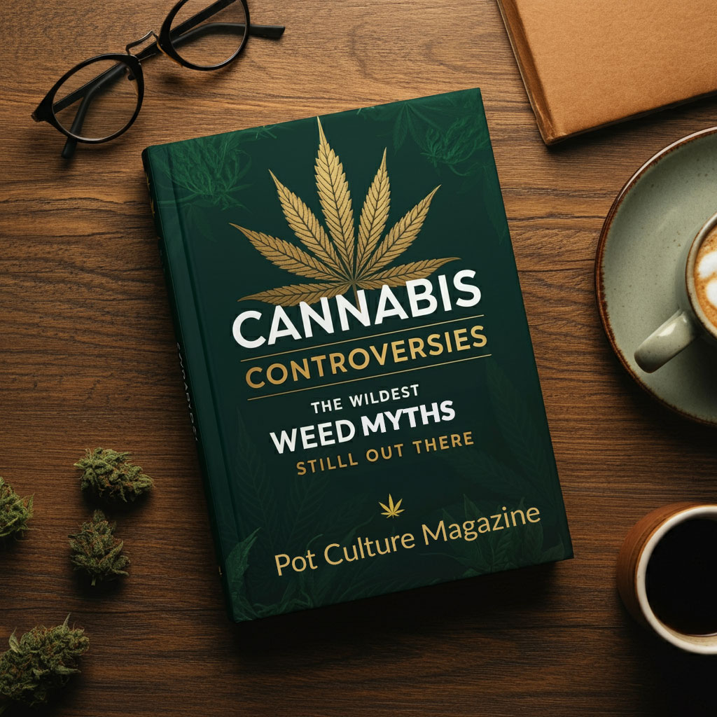 A realistic image of a hardcover book titled Cannabis Controversies: The Wildest Weed Myths Still Out There by Pot Culture Magazine. The book has a deep green cover with a gold cannabis leaf illustration and clean, bold typography. It sits on a wooden table beside a pair of glasses, a cup of coffee, a latte, and a few cannabis buds. The lighting is warm and inviting, creating a calm editorial workspace vibe. ©2024PotCultureMagazine/ArtDept.