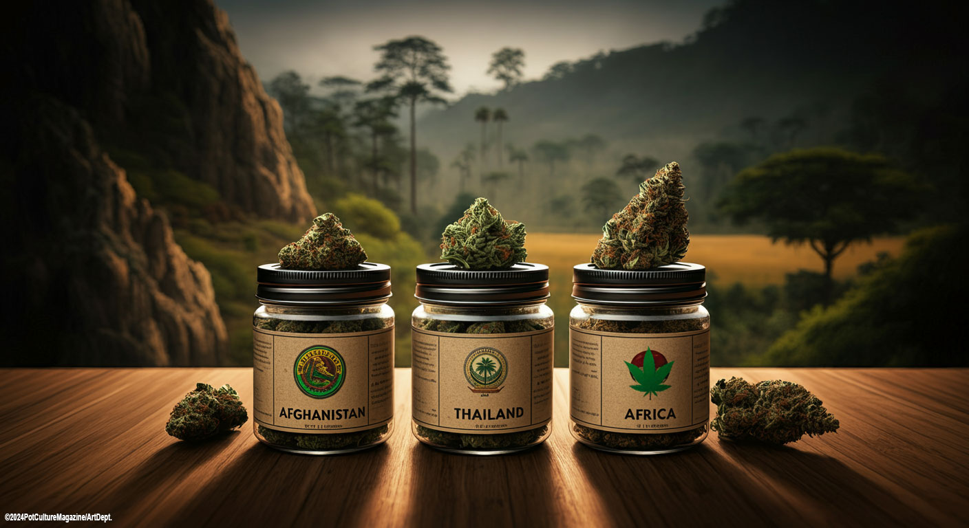 Feature image showing three glass cannabis jars on a wooden table labeled Afghanistan, Thailand, and Africa, each topped with a dense cannabis flower, set against a lush mountainous landscape symbolizing global cannabis origins and landrace heritage, created for Pot Culture Magazine, PotCultureMagazine.com.