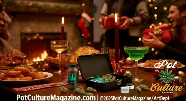 A festive holiday dinner table filled with food, candles, and drinks is set in front of a glowing fireplace. At the center sits an open black stash box packed with cannabis flower, rolling papers, and jars. A cannabis-branded container and scattered buds sit nearby. People in the background laugh and exchange gifts beside a decorated Christmas tree. The Pot Culture Magazine branding and website appear along the bottom edge.