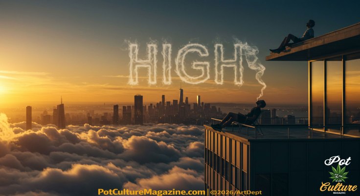 Feature image for Pot Culture Magazine showing a person reclining on a high-rise rooftop balcony above a sea of clouds at sunset, overlooking a distant city skyline. Smoke rises from the person and forms the word “HIGH” in the sky. PotCultureMagazine.com | ©2026/ArtDept appears at the bottom right.