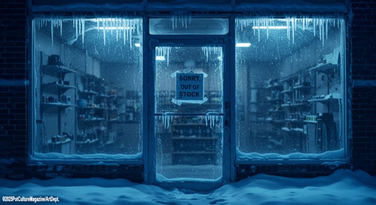 Moody nighttime image of a frozen storefront with snow and icicles covering the windows and door, shelves visible inside, and a handwritten sign reading “Sorry, Out of Stock” taped to the glass, conveying scarcity, shutdown, and economic strain. PotCultureMagazine.com ©2025 Pot Culture Magazine Art Dept.
