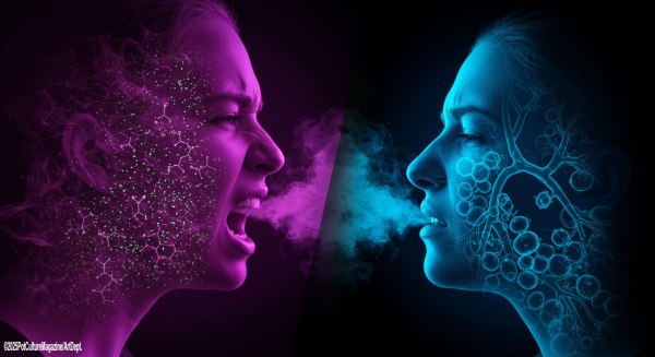 Two women face each other in a surreal, science-inspired artwork. The woman on the left, in purple tones, appears angry and is exhaling smoke with molecular diagrams overlaying her face. The woman on the right, in blue tones, exhales calmly with intricate biological patterns resembling lungs and airways drawn across her face. The scene symbolizes a clash of perspectives on cannabis, science, or health. ©2025PotCultureMagazine/ArtDept.