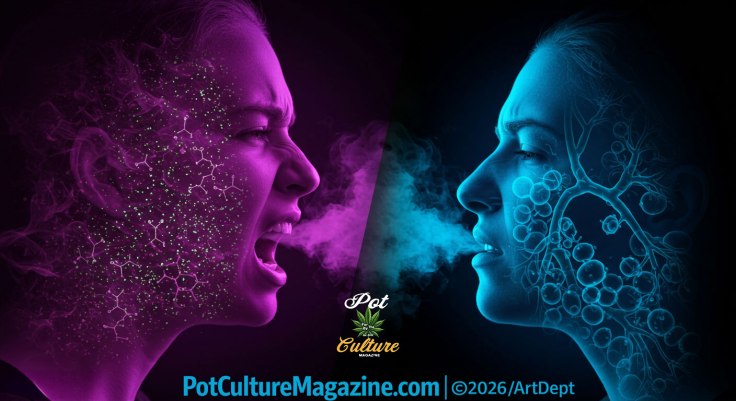Conceptual split-image showing two profiles exhaling smoke, one in purple and one in blue, facing each other against a dark background. The purple side features abstract chemical and particulate graphics suggesting irritation or combustion, while the blue side shows organic, cell-like and branching forms suggesting biological response. Visual metaphor contrasts different inhalation effects and narratives around smoke and the body. PotCultureMagazine.com ©2026 Pot Culture Magazine Art Dept.