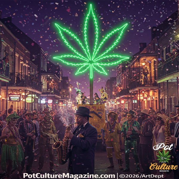 Nighttime celebration in a French Quarter style street filled with parade crowds, balconies, and warm lantern light. A brass band plays in the center while confetti falls through the air. Above the procession, a large glowing green neon cannabis leaf sign towers over the street. PotCultureMagazine.com and ©2026 ArtDept branding appear along the bottom.