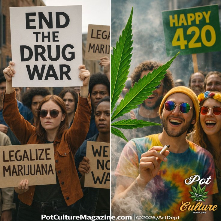 Split image showing a protest against marijuana prohibition with signs reading “End the Drug War” and “Legalize Marijuana,” contrasted with a celebratory 4/20 scene featuring smiling people and a “Happy 420” sign, with the Pot Culture Magazine logo and PotCultureMagazine.com at the bottom.