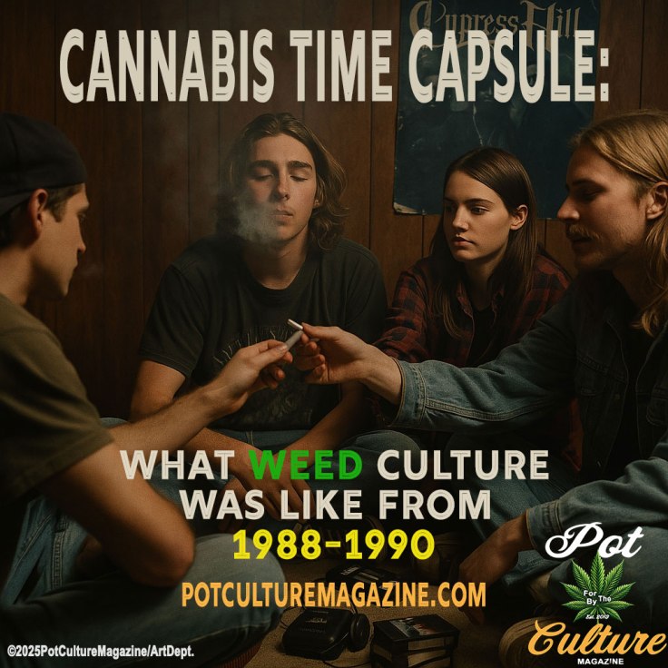 Four young people sit in a wood-paneled room passing a joint, surrounded by cassette tapes and a portable player on the floor. Smoke drifts through the air as one exhales with eyes closed. A faded Cypress Hill poster hangs on the wall behind them. Bold text reads: “Cannabis Time Capsule: What Weed Culture Was Like from 1988–1990. PotCultureMagazine.com