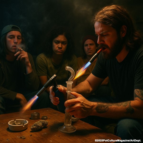 A group of people sits in a dimly lit room around a table scattered with cannabis and paraphernalia. In the foreground, a man with long hair and tattoos uses a torch to heat a glass dab rig while the others watch, one smoking and others looking serious or curious. The image conveys an intense, underground vibe with a focus on cannabis concentrate culture. ©2025PotCultureMagazine/ArtDept