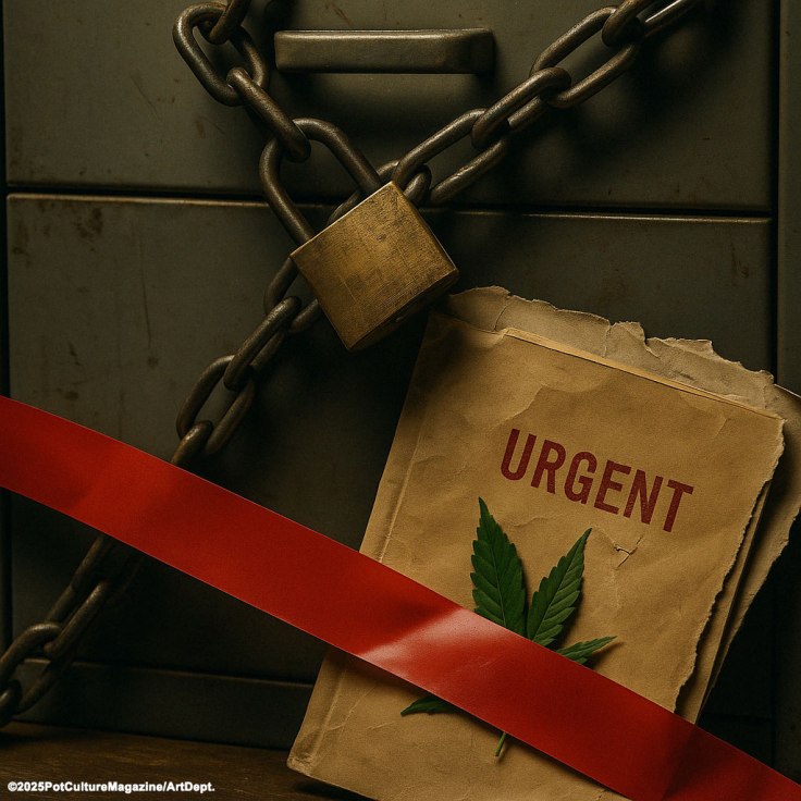Locked metal filing cabinet chained shut with a padlock, an envelope stamped ‘URGENT’ sealed by red tape and marked with a cannabis leaf in the foreground, symbolizing stalled federal cannabis action and bureaucratic delay. PotCultureMagazine.com