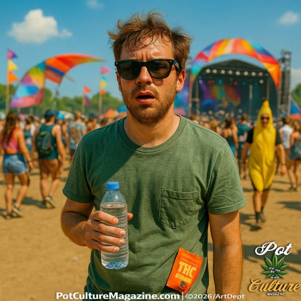Person at a sunny outdoor cannabis‑friendly music festival wearing sunglasses and a green shirt with a visible “THC Gummies” pouch, holding a water bottle, with colorful flags, a rainbow stage canopy, festival‑goers, and the Pot Culture Magazine logo and PotCultureMagazine.com is visible in the frame.
