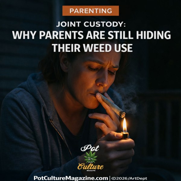 Graphic labeled “PARENTING: Joint Custody – Why parents are still hiding their weed use,” showing a woman lighting and smoking a cannabis joint in a dimly lit setting, with PotCultureMagazine.com and Pot Culture Magazine logo visible at the bottom.