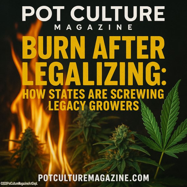 Flames rise behind several cannabis buds and a fresh green marijuana leaf in the foreground, set against a dark background. Bold yellow and white text reads, “Burn After Legalizing: How States Are Screwing Legacy Growers.” The Pot Culture Magazine logo, website, and copyright are included across the top and bottom of the image.