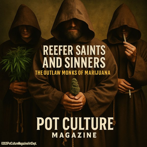 Three hooded monks in brown robes stand in dim, dramatic lighting. The center monk holds a large cannabis bud like a sacred relic, while the monk on the left cradles a full cannabis plant and the monk on the right smokes a joint. The scene has a solemn, ritualistic tone, evoking religious imagery blended with outlaw cannabis culture. The text on the image reads: “Reefer Saints and Sinners, The Outlaw Monks of Marijuana, Pot Culture Magazine