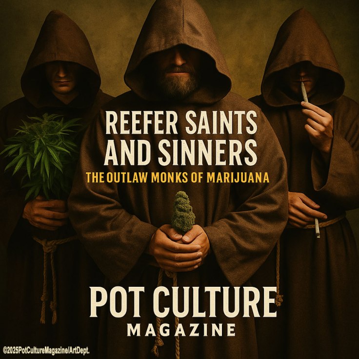 Three hooded monks in brown robes stand in dim, dramatic lighting. The center monk holds a large cannabis bud like a sacred relic, while the monk on the left cradles a full cannabis plant and the monk on the right smokes a joint. The scene has a solemn, ritualistic tone, evoking religious imagery blended with outlaw cannabis culture. The text on the image reads: “Reefer Saints and Sinners, The Outlaw Monks of Marijuana, Pot Culture Magazine