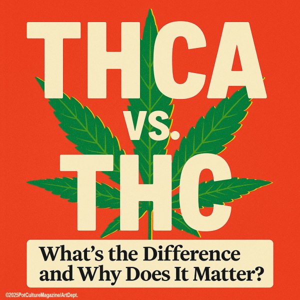 A bold promotional graphic for Pot Culture Magazine featuring the headline “THCA vs. THC” in large cream-colored letters over a red background with a green cannabis leaf centered behind the text. Below, in a cream-colored box, it reads: “What’s the Difference and Why Does It Matter?” At the bottom corner is the copyright ©2025PotCultureMagazine/ArtDept.
