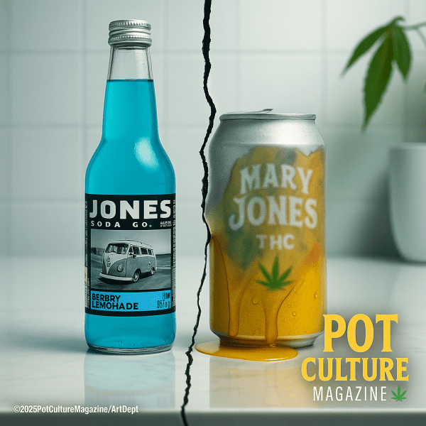 A dramatic image featuring a Jones Soda Co. bottle of Berry Lemonade on the left and a spilled Mary Jones THC can on the right, divided by a jagged black crack. The Mary Jones can is leaking bright orange liquid and partially blurred. A cannabis plant is faintly visible in the background. The Pot Culture Magazine logo and ©2025PotCultureMagazine/ArtDept are included.