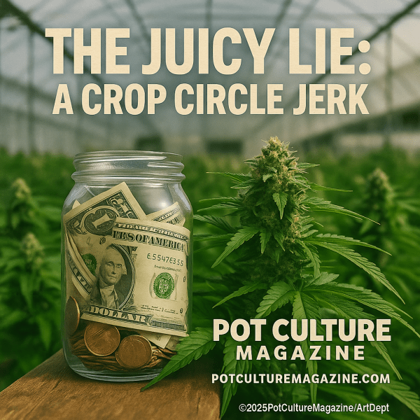 A close-up image of dense cannabis buds arranged in a circular cluster, tied at the center with a rough brown twine. A folded 20 euro banknote is wrapped into the twine, partially embedded in the buds. The background is a solid, deep green color. At the top, bold yellow and beige lettering reads “The Juicy Lie: A Crop Circle Jerk.” At the bottom, orange text displays the Pot Culture Magazine logo, the website “PotCultureMagazine.com,” and the copyright ©2025PotCultureMagazine/ArtDept.