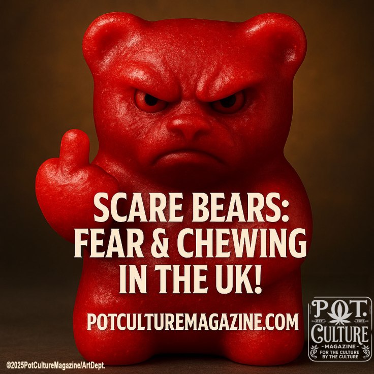 A large red gummy bear with an angry expression stands against a moody brown backdrop. The bear is raising its left hand and flipping the middle finger. Bold white text across its torso reads “Scare Bears: Fear & Chewing in the UK!,” with “PotCultureMagazine.com” beneath. The Pot Culture Magazine logo appears in the lower right corner, along with the copyright ©2025PotCultureMagazine/ArtDept. The image satirizes the UK's alarmist stance on cannabis edibles.