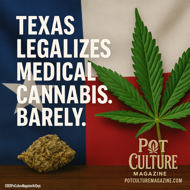 Promotional image for Pot Culture Magazine featuring the Texas state flag as the background. Bold white text reads: “TEXAS LEGALIZES MEDICAL CANNABIS. BARELY.” In the foreground, a cannabis leaf and a single cannabis bud are placed on a wooden surface. The Pot Culture Magazine logo and website “POTCULTUREMAGAZINE.COM” appear in the lower right corner along with the copyright tag “©2025PotCultureMagazine/ArtDept.” The image conveys skepticism about Texas’s limited medical cannabis policy.