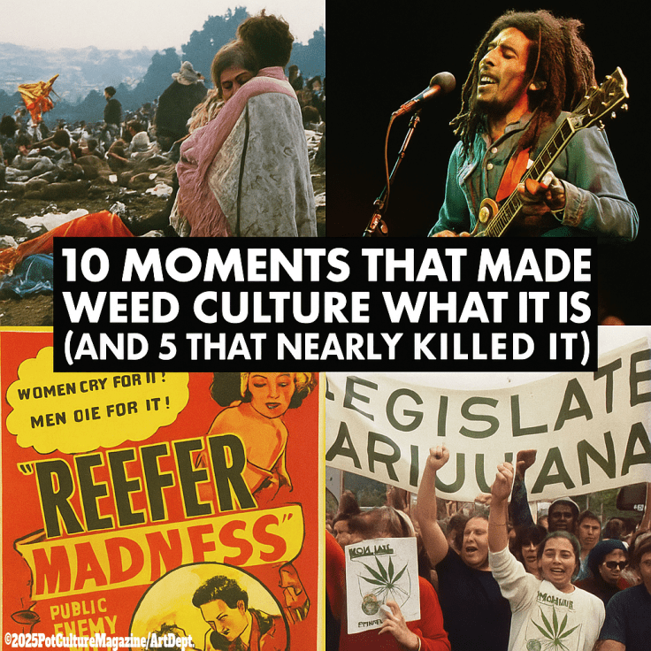 Collage of iconic cannabis culture moments, including Woodstock festival attendees, Bob Marley performing live, a vintage “Reefer Madness” poster, and activists holding “Legislate Marijuana” protest signs. Overlaid text reads: “10 Moments That Made Weed Culture What It Is (And 5 That Nearly Killed It).” Pot Culture Magazine branding appears in the corner