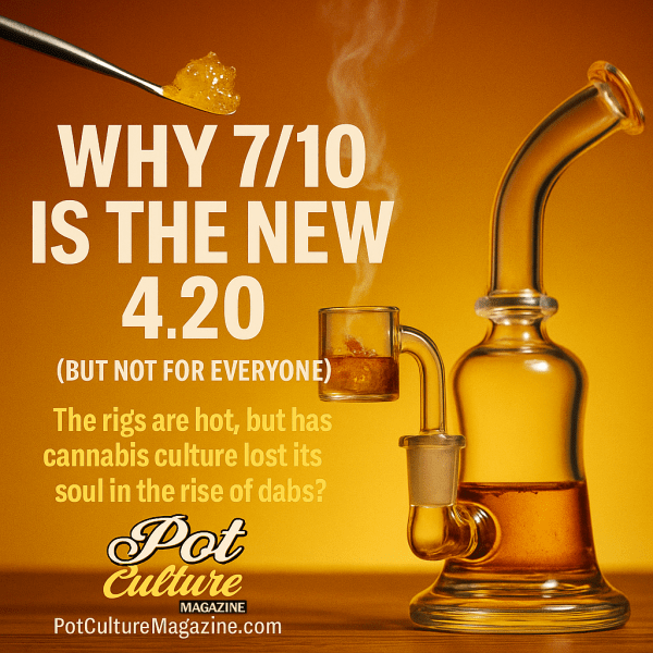 A golden dab rig with cannabis concentrate and vapor rising, paired with bold text: “WHY 7/10 IS THE NEW 4.20 (BUT NOT FOR EVERYONE).” Below it reads, “The rigs are hot, but has cannabis culture lost its soul in the rise of dabs?” Branding includes the Pot Culture Magazine logo, PotCultureMagazine.com.
