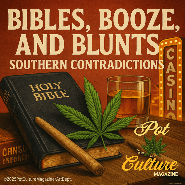 A Holy Bible lies on a wooden table with a blunt and a cannabis leaf resting on top. Beside it is a glass of whiskey and a lit-up casino sign in the background. The text reads: ‘Bibles, Booze, and Blunts – Southern Contradictions.’ Pot Culture Magazine logo appears in the corner with copyright ©2025PotCultureMagazine/ArtDept.
