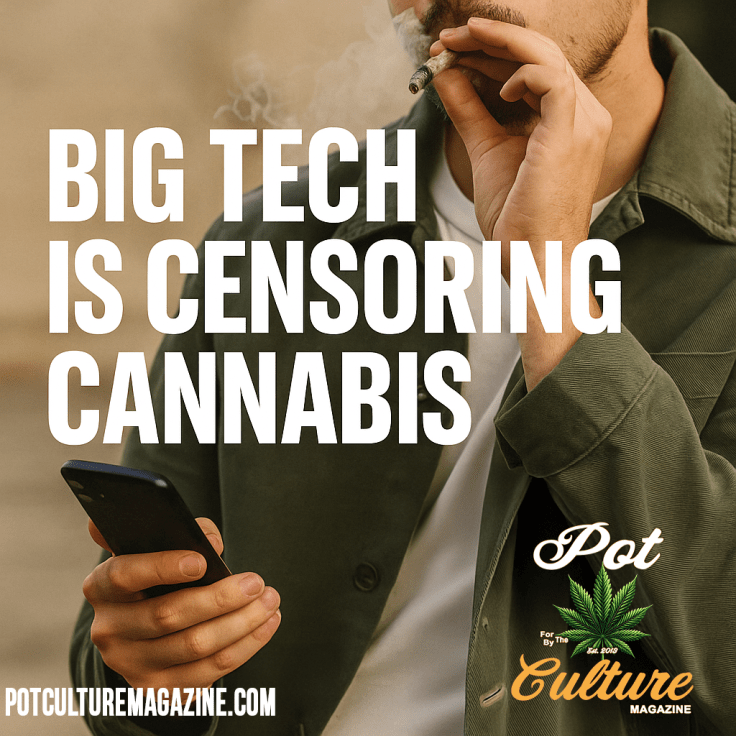 A man in a green jacket smokes a joint while holding a smartphone, with the bold text “BIG TECH IS CENSORING CANNABIS” overlaid. The Pot Culture Magazine logo appears in the corner along with the website PotCultureMagazine.com.