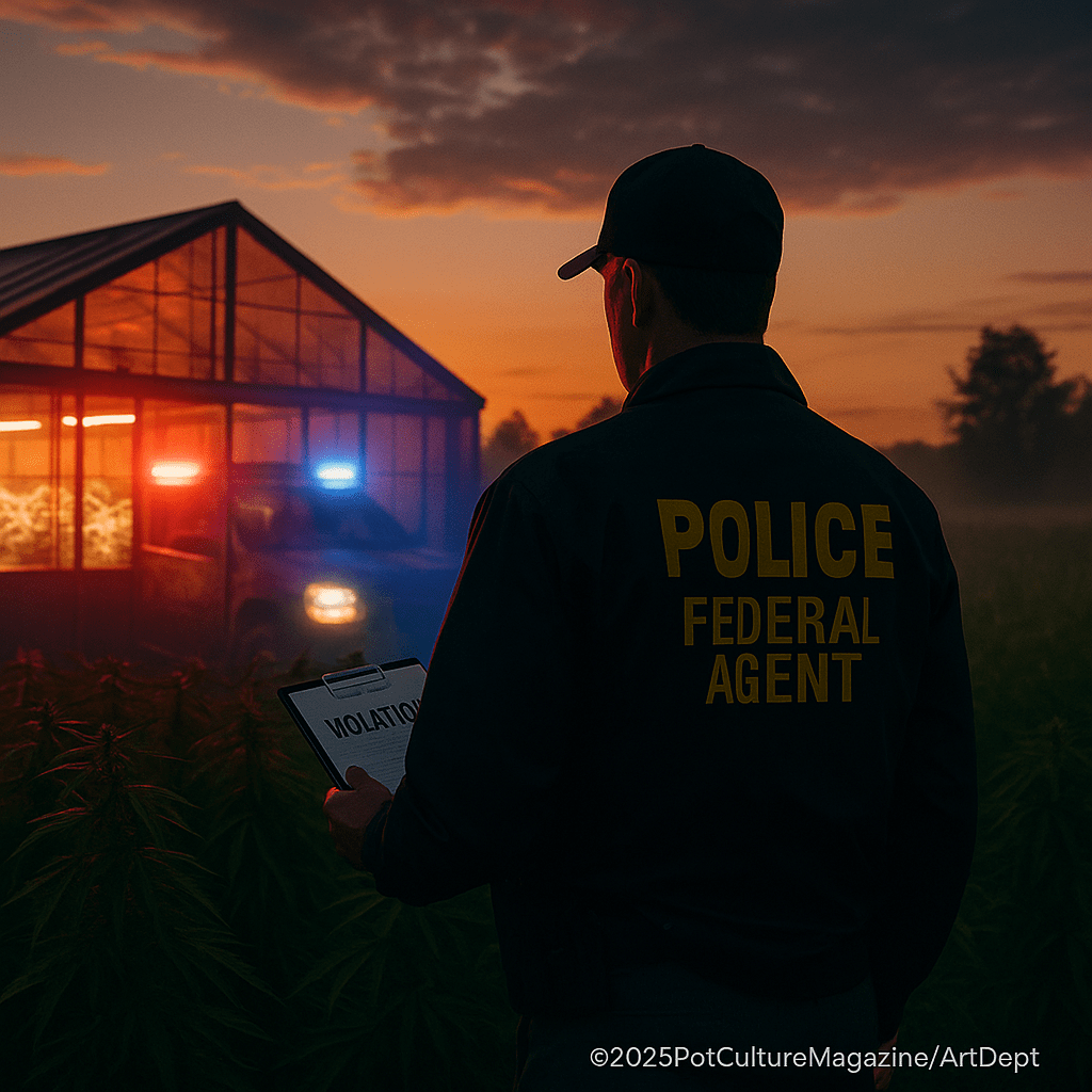 A federal agent standing near a cannabis greenhouse at sunset, holding a clipboard marked ‘Violation’ while red and blue police lights flash in the background. ©2025PotCultureMagazine/ArtDept. PotCultureMagazine.com