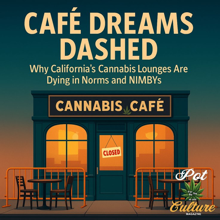 Illustration of a closed cannabis café at dusk. The storefront reads “Cannabis Café” with a “CLOSED” sign on the door. Outdoor tables are empty behind orange barricades. The sky is twilight blue, evoking a sense of fading opportunity. Text above the café reads: “CAFÉ DREAMS DASHED – Why California’s Cannabis Lounges Are Dying in Norms and NIMBYs.” The image includes Pot Culture Magazine branding in the bottom right