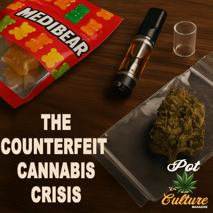 A wooden table with cannabis-related items including a red “Medibear” gummy package, a vape cartridge filled with amber-colored oil, and a large cannabis bud in a clear plastic bag. Bold white text reads “The Counterfeit Cannabis Crisis” and the Pot Culture Magazine logo is displayed in the bottom right corner.