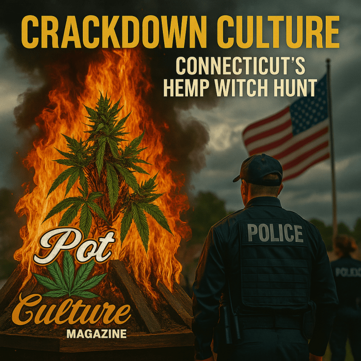 police officer standing near a massive bonfire with a burning cannabis leaf at the center, an American flag in the background, with the headline Crackdown Culture: Connecticut’s Hemp Witch Hunt and Pot Culture Magazine logo in the corner.