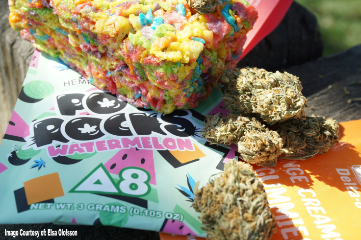 A colorful Delta-8 THC edible treat with vibrant cereal pieces sits on top of watermelon-flavored Pop Rocks packaging, next to several cannabis buds on an orange Delta-8 gummy wrapper. Image courtesy of Elsa Olofsson.