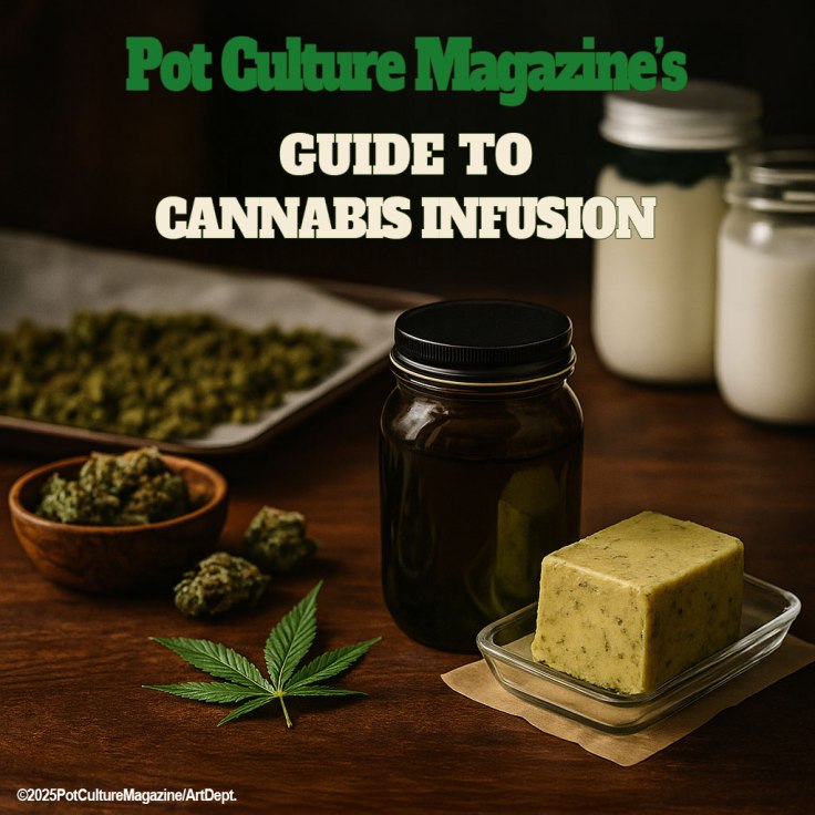 **Alt Text:**
A cannabis-infused butter block sits on a glass dish beside a dark mason jar filled with oil, with raw cannabis buds, a green leaf, and infusion ingredients arranged on a wooden table. In the background are jars of milk and a tray of dried cannabis. Bold text at the top reads “Pot Culture Magazine’s Guide to Cannabis Infusion.” Branding and copyright appear in the bottom left corner.
