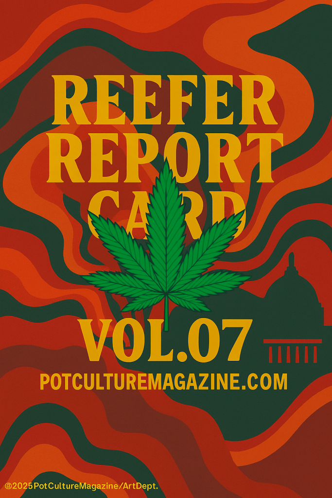 A bold, psychedelic-style graphic for Pot Culture Magazine’s “Reefer Report Card Vol. 07.” The image features swirling red, orange, and green waves with a large cannabis leaf centered over the text. The silhouette of the U.S. Capitol appears in the lower right, with the website PotCultureMagazine.com and copyright ©2025PotCultureMagazine/ArtDept along the bottom.