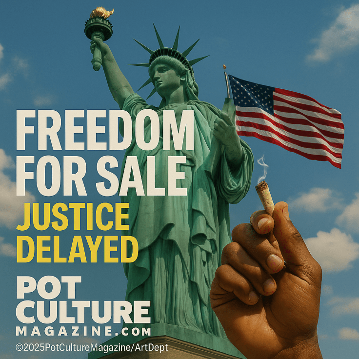 A hand holds a lit joint in the foreground with the Statue of Liberty towering behind it, holding the American flag. The sky is bright blue with scattered clouds. Bold text reads “FREEDOM FOR SALE” in white and “JUSTICE DELAYED” in yellow. The Pot Culture Magazine logo, website, and copyright appear in the lower left.