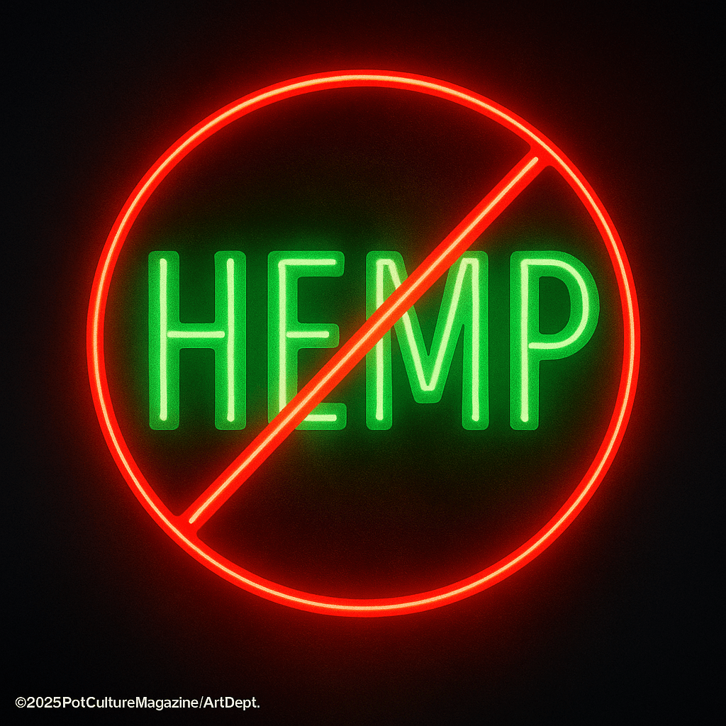 A glowing neon sign showing the word ‘HEMP’ in green with a red prohibition circle and slash over it, symbolizing a ban on hemp. Copyright ©2025 PotCultureMagazine/ArtDept.”