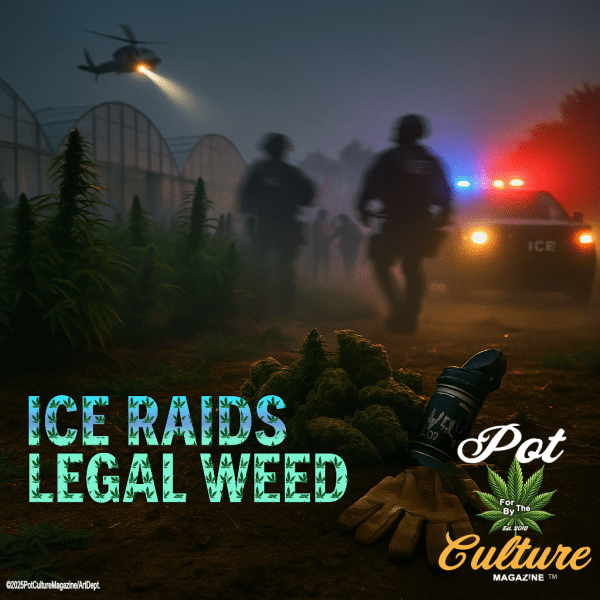 Photo-realistic scene of an ICE raid on a cannabis greenhouse at dusk. Armed agents and police vehicles with flashing lights advance through haze as a helicopter sweeps overhead. In the foreground, a pile of cannabis buds lies near work gloves and a spent tear gas canister. The bold headline reads “ICE RAIDS LEGAL WEED” with Pot Culture Magazine branding