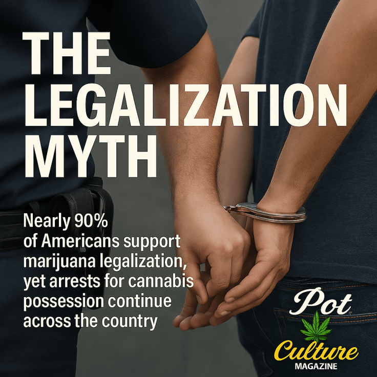 A close-up image of a person being handcuffed by a police officer. Overlay text reads: “The Legalization Myth” Below it: “Nearly 90% of Americans support marijuana legalization, yet arrests for cannabis possession continue across the country.” The bottom right features the Pot Culture Magazine logo with a cannabis leaf.