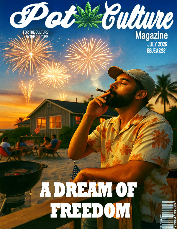 A man in a floral shirt and cap smokes a joint while leaning on a wooden railing at a beachside gathering. Behind him, fireworks light up the evening sky as people sit around a barbecue grill and a small house adorned with an American flag. Text at the top reads, “Pot Culture” with a cannabis leaf logo and the tagline “For the Culture, By the Culture.” Issue details state “Issue 079, July 2025.” At the bottom, bold cream-colored text reads, “A Dream of Freedom.”